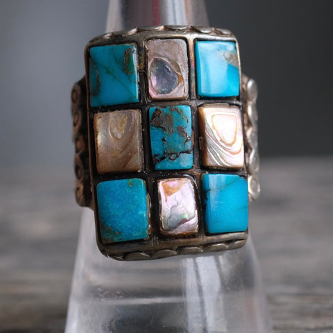 Vintage Sterling Turquoise and Abalone Inlay Ring 8.5