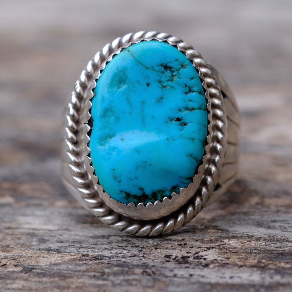 Vintage Sterling Turquoise Ribbed Band Ring 6.75