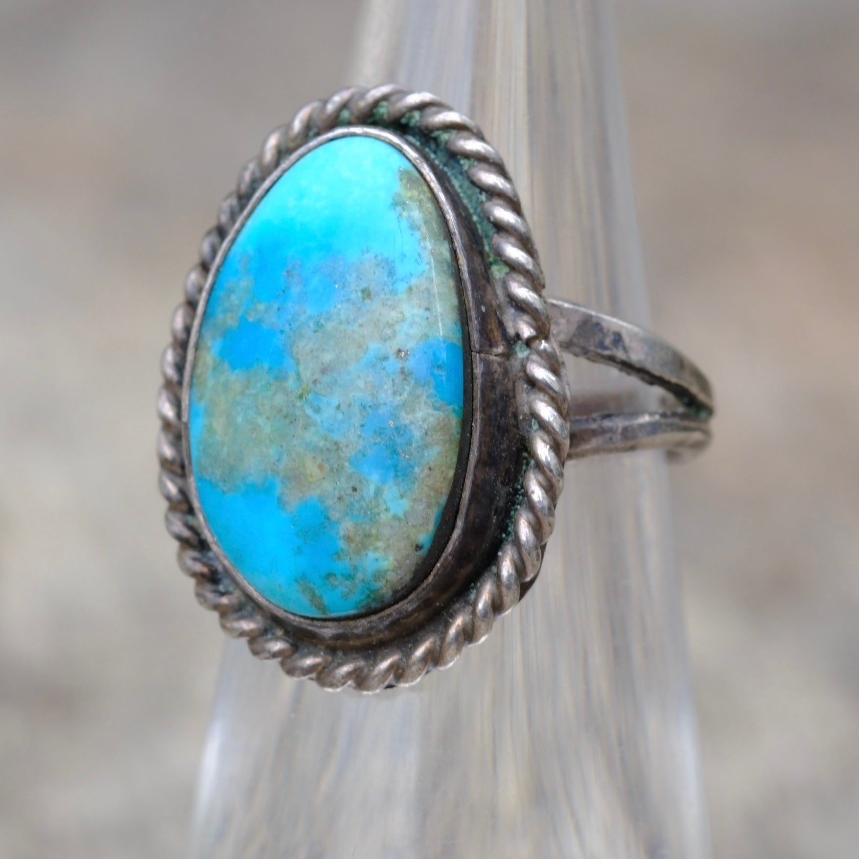 Vintage Sterling Turquoise Roper Ring 4.25