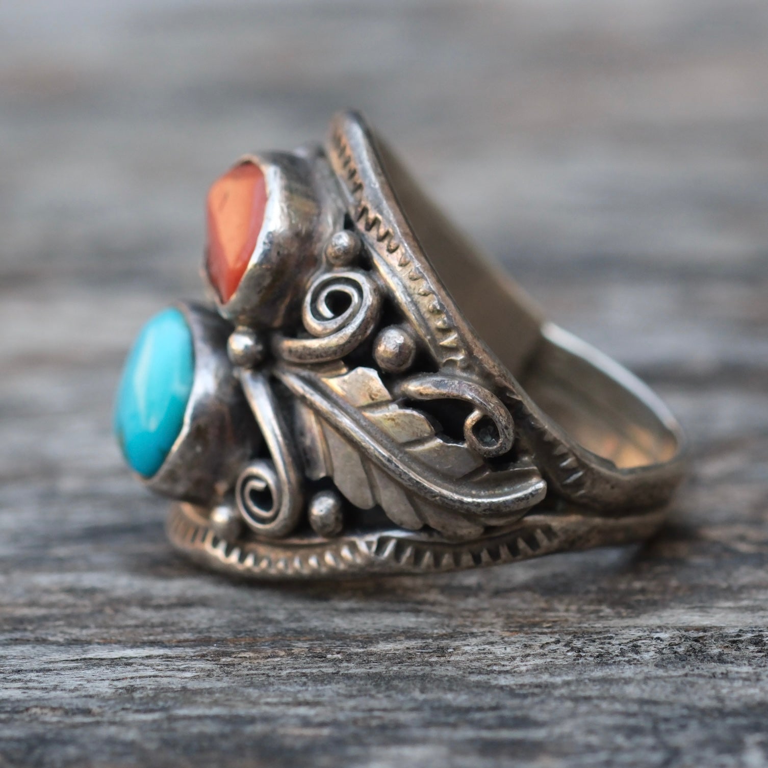 Vintage Sterling Turquoise and Coral Feather Ring 7.75
