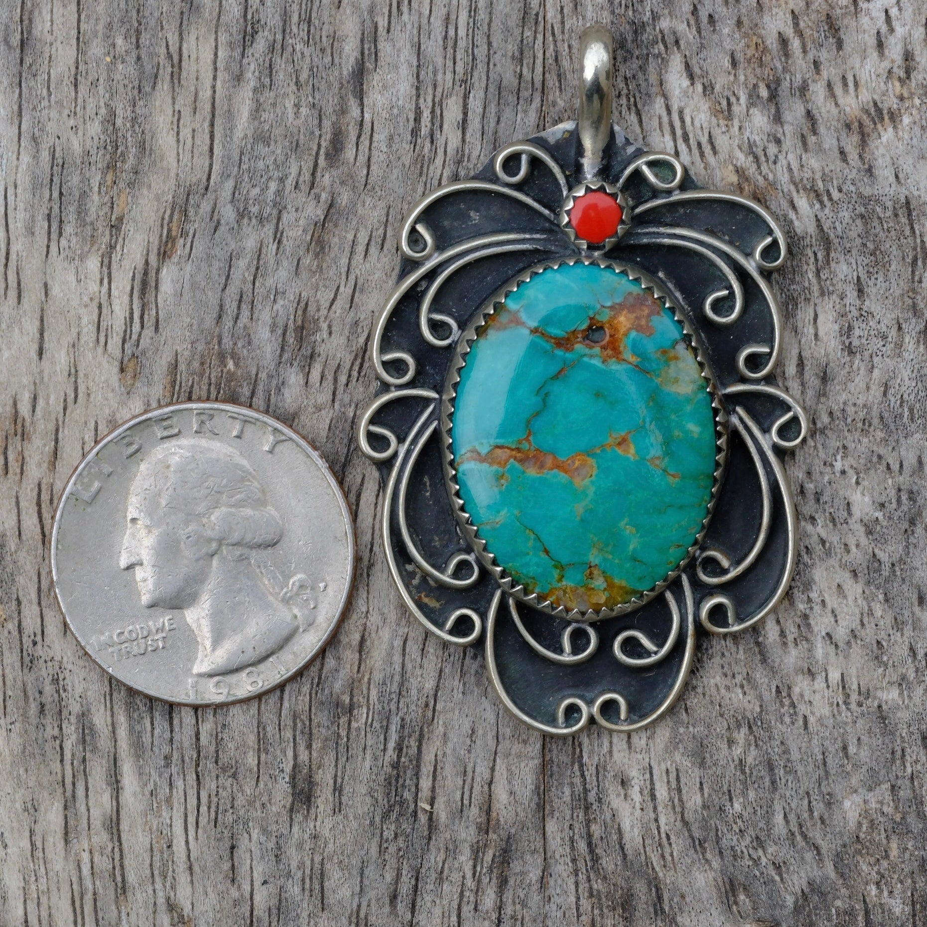 Huge Vintage Sterling Turquoise and Coral Pendant
