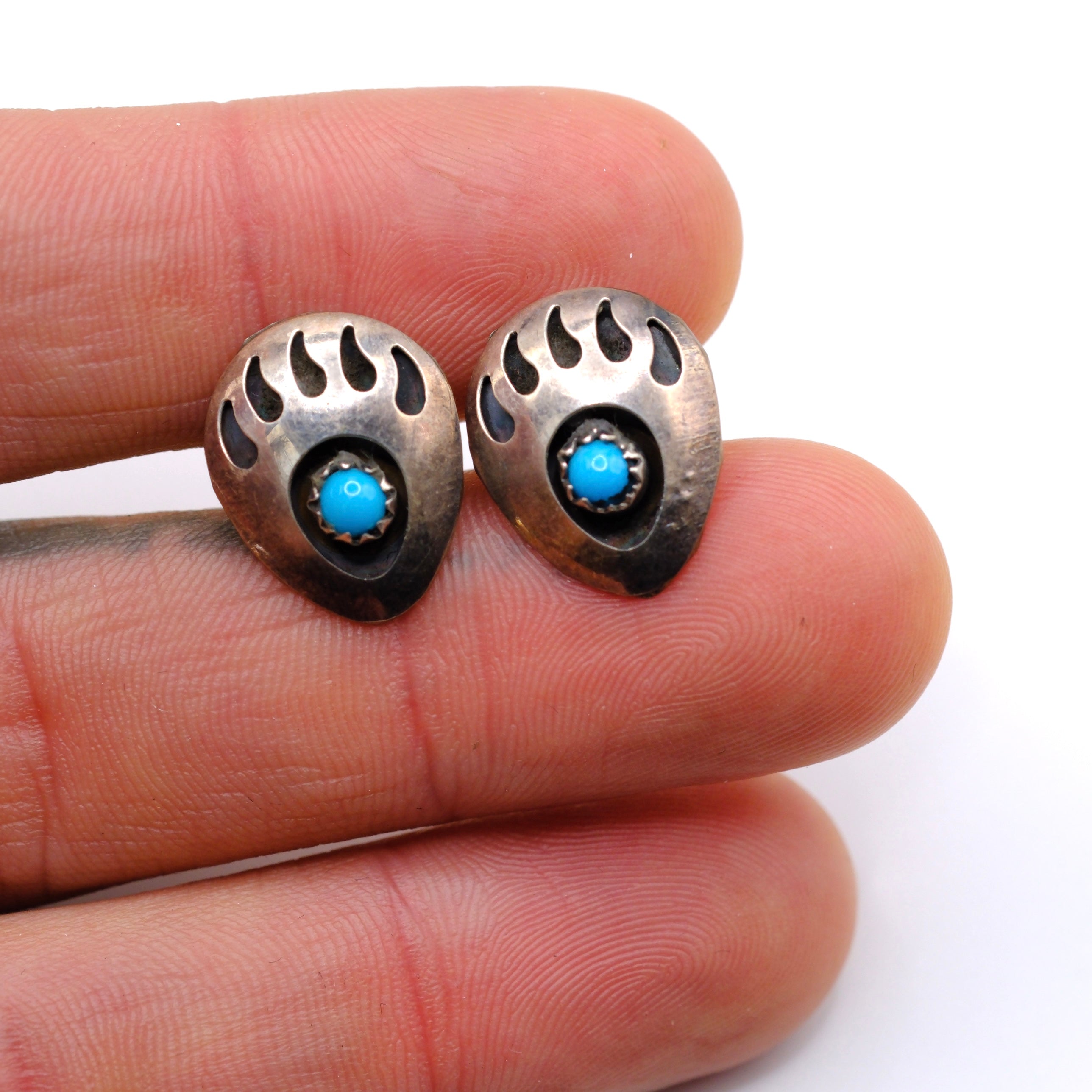 Vintage Sterling Turquoise Bear Paw Earrings