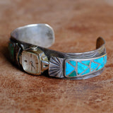 Vintage Sterling Turquoise Inlay Watch Cuff Bracelet