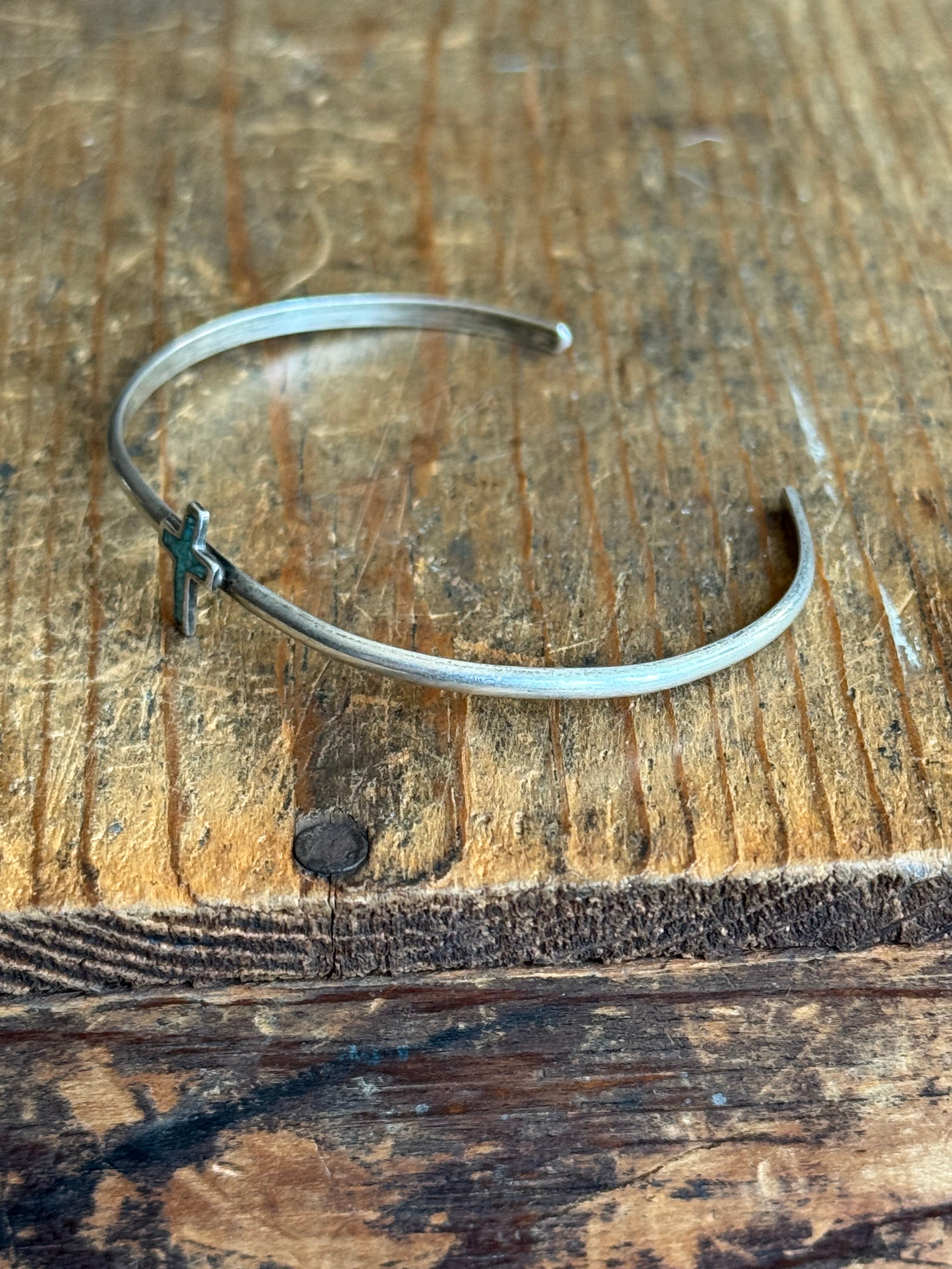 Vintage Sterling Silver Turquoise Inlay Cross Cuff