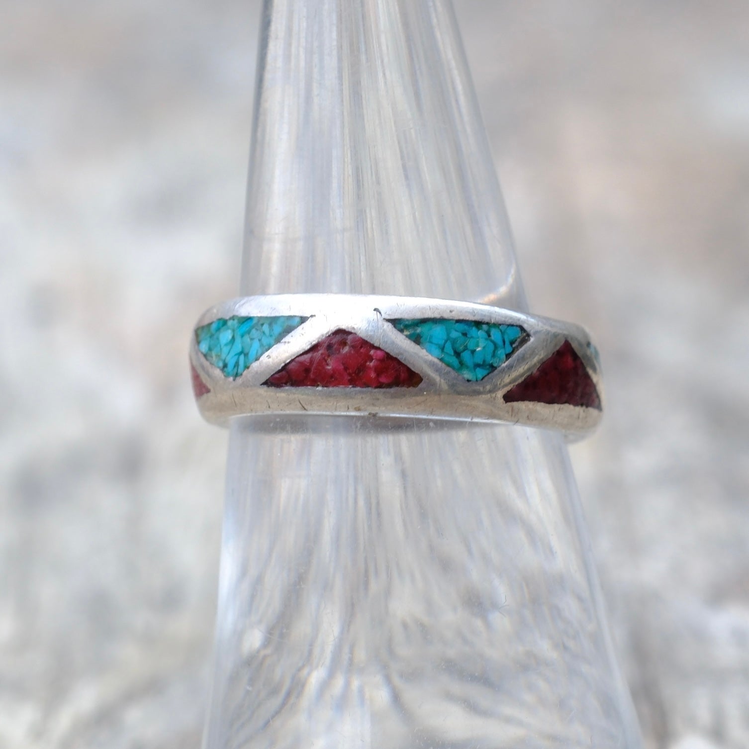 Vintage Sterling Silver Crushed Turquoise & Coral Inlay Band 6.5