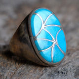 Vintage Sterling Turquoise Fish Scale Inlay Ring 12.75