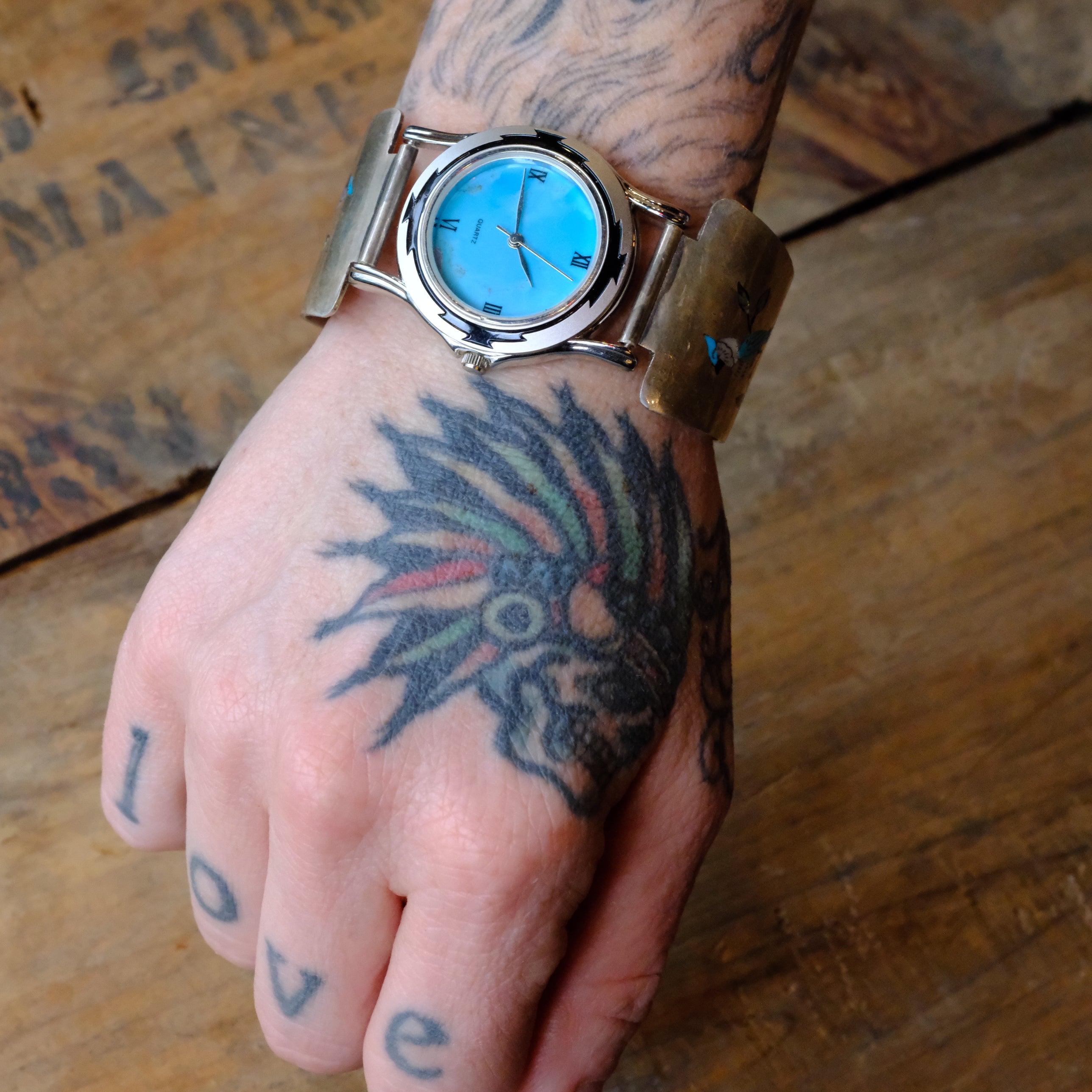 Vintage Sterling Inlay Blue Jay Watch With Turquoise Dial