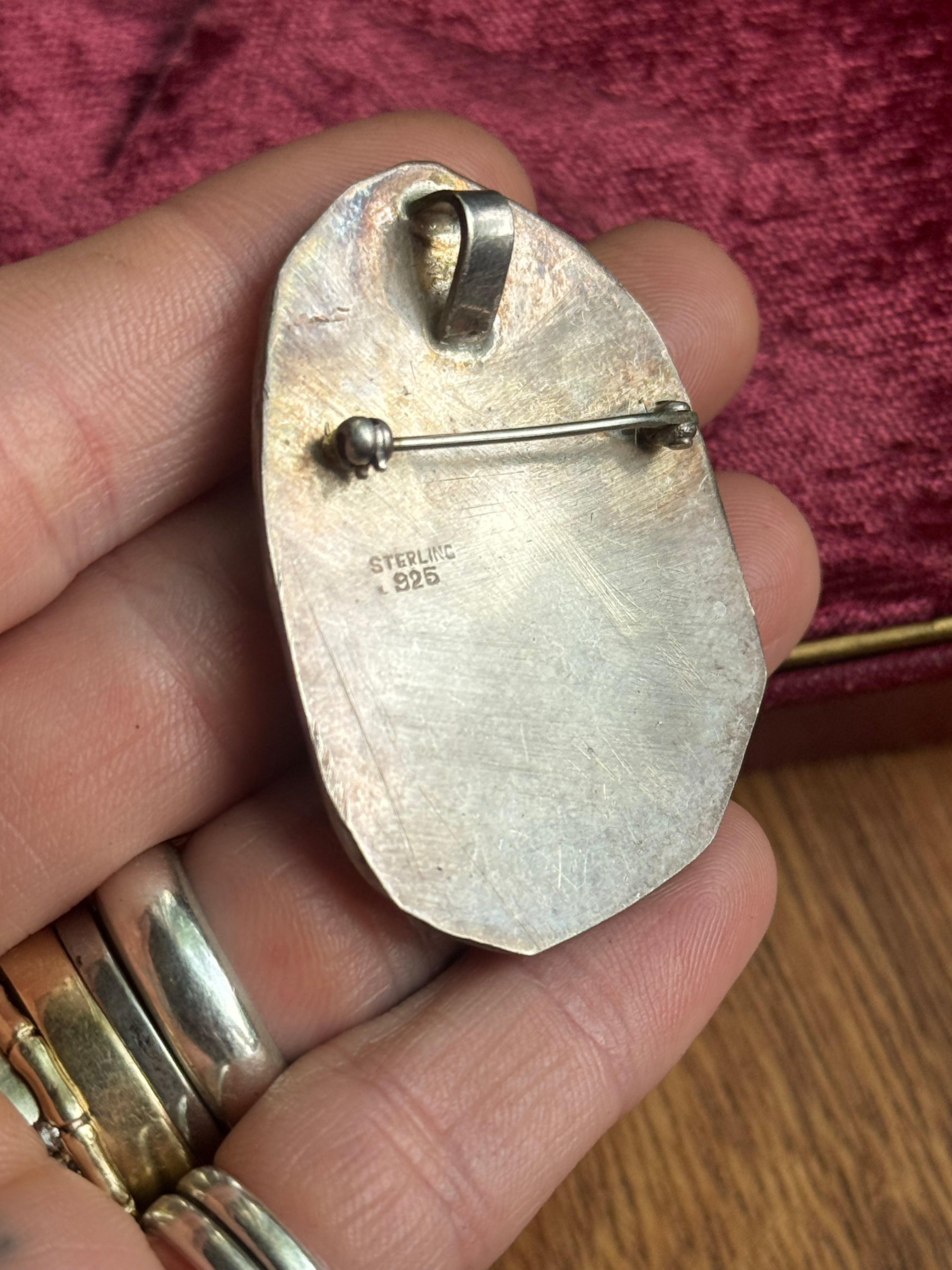 Vintage Sterling Silver Jasper & Seed Pearl Modernist Pin/Pendant