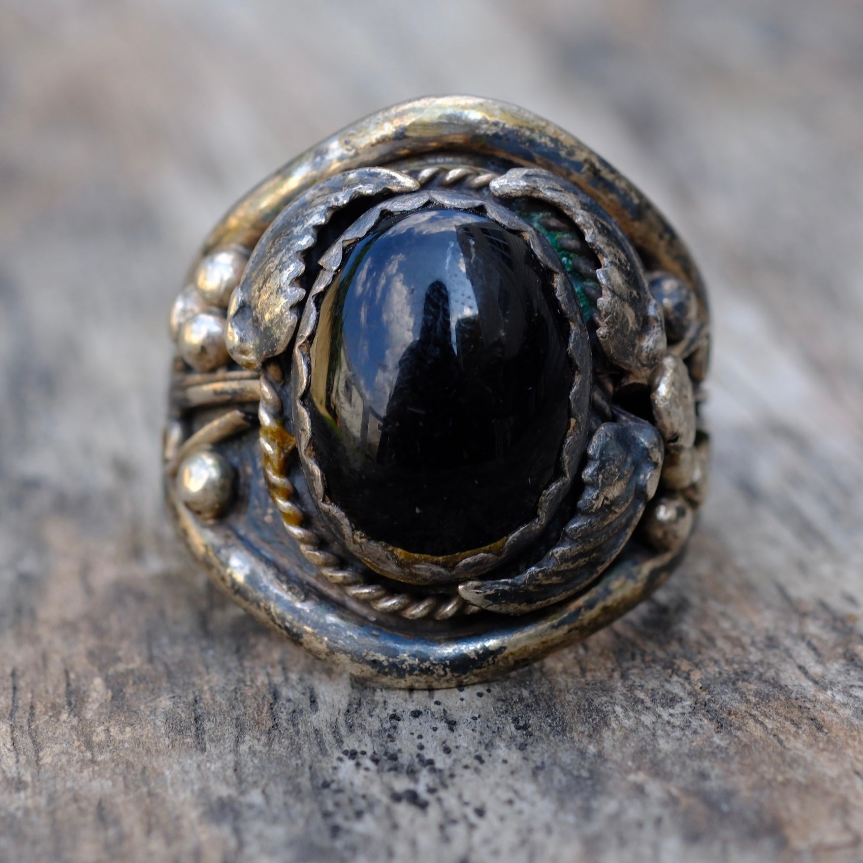 Vintage Sterling Onyx Feather Ring 11.25