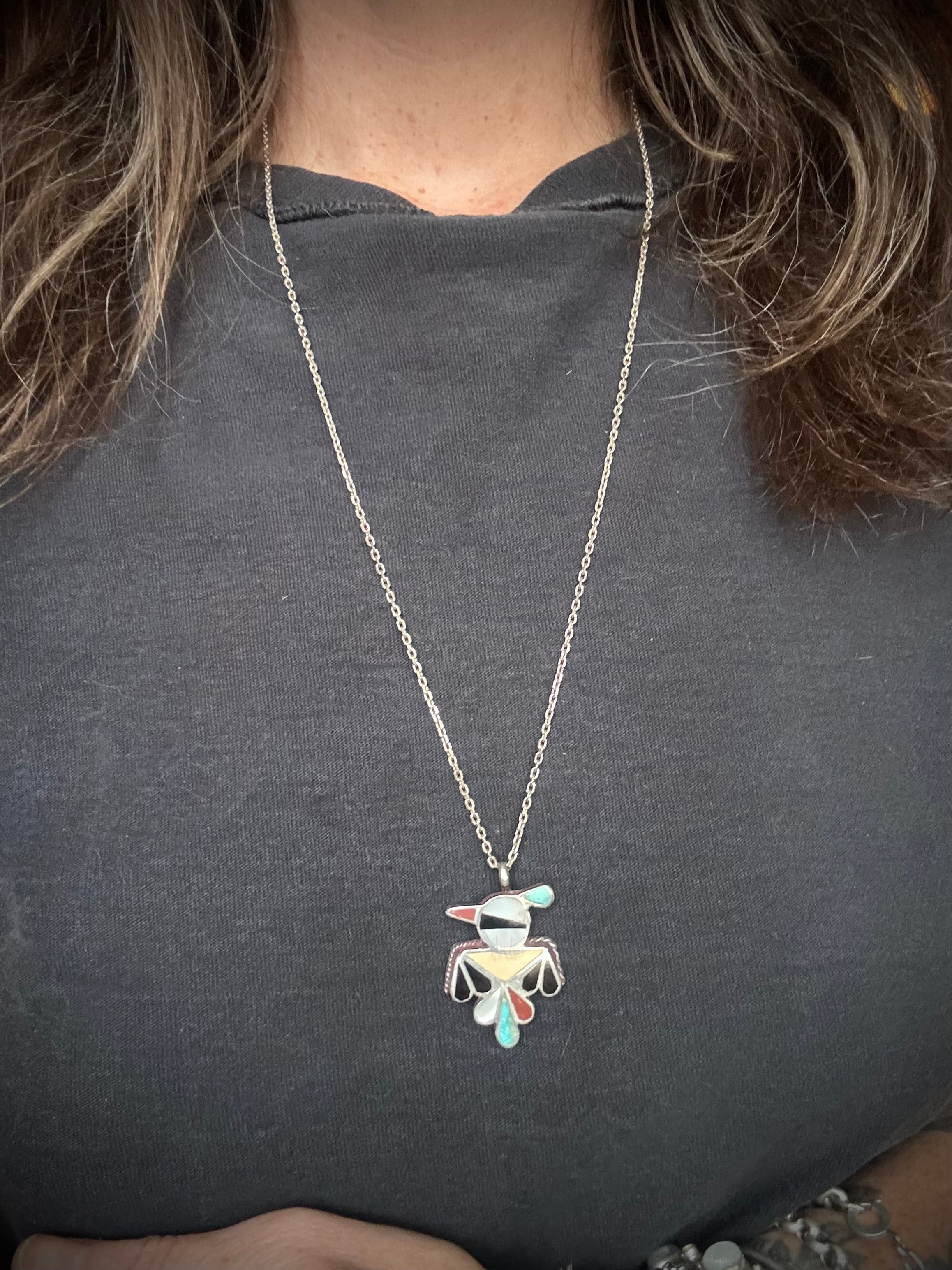 Vintage Sterling Silver Thunderbird Inlay Necklace