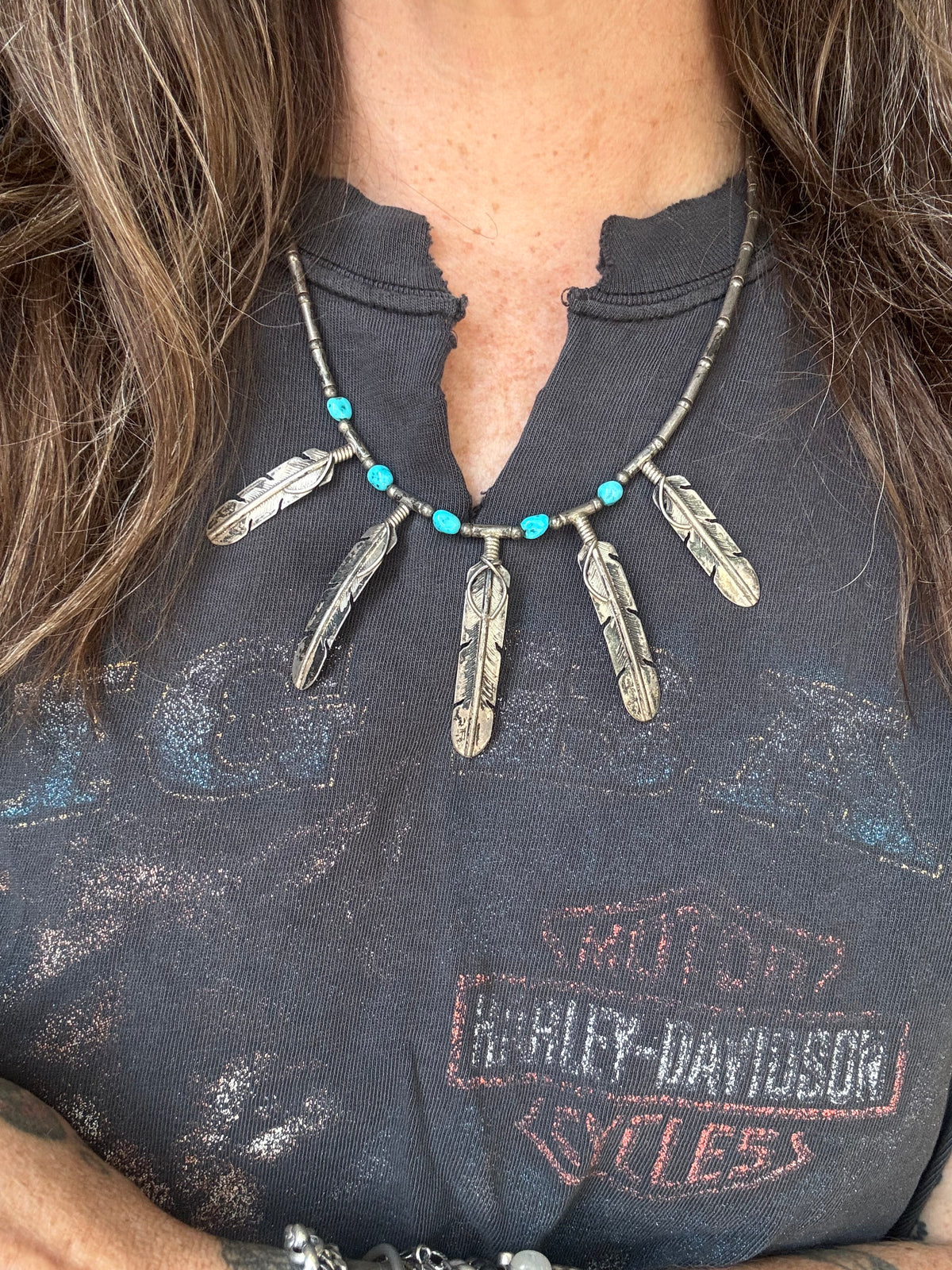 Vintage Sterling Silver Five Feather Turquoise Necklace