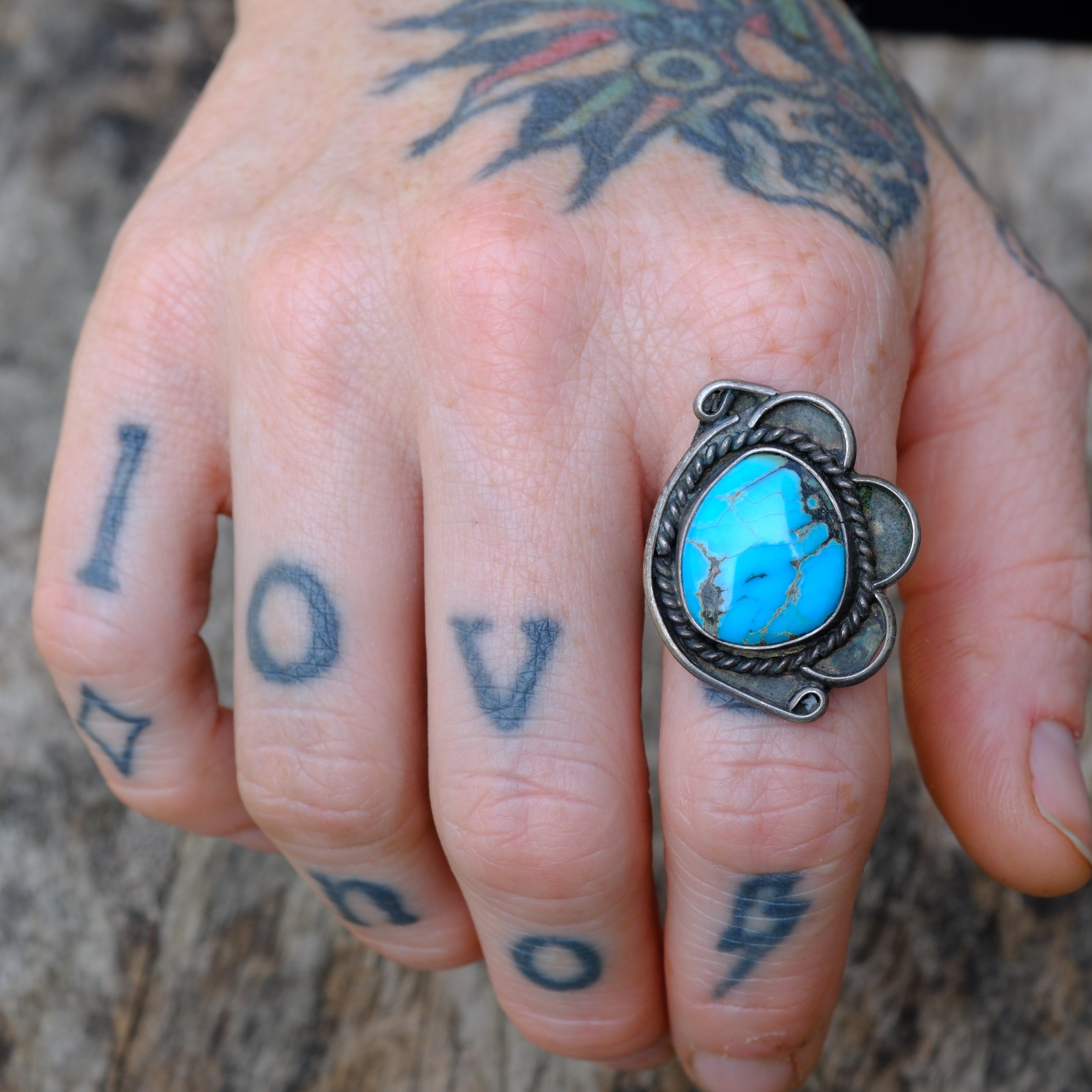 Vintage Sterling Turquoise Florette Ring 9