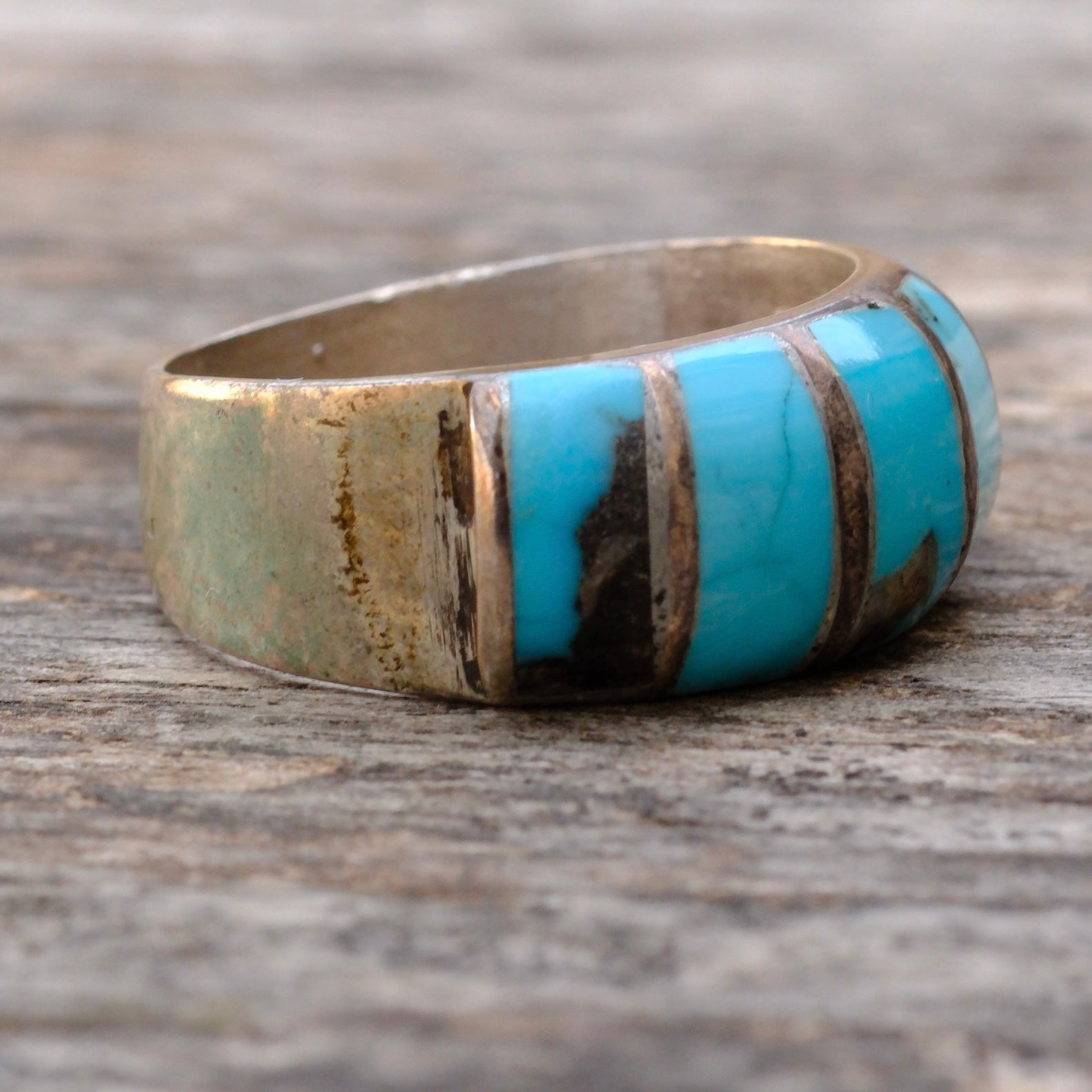 Vintage Sterling Turquoise Inlay Thick Band Ring 10.25