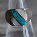 Vintage Sterling Mother Of Pearl and Turquoise Inlay Striper Ring 8.25