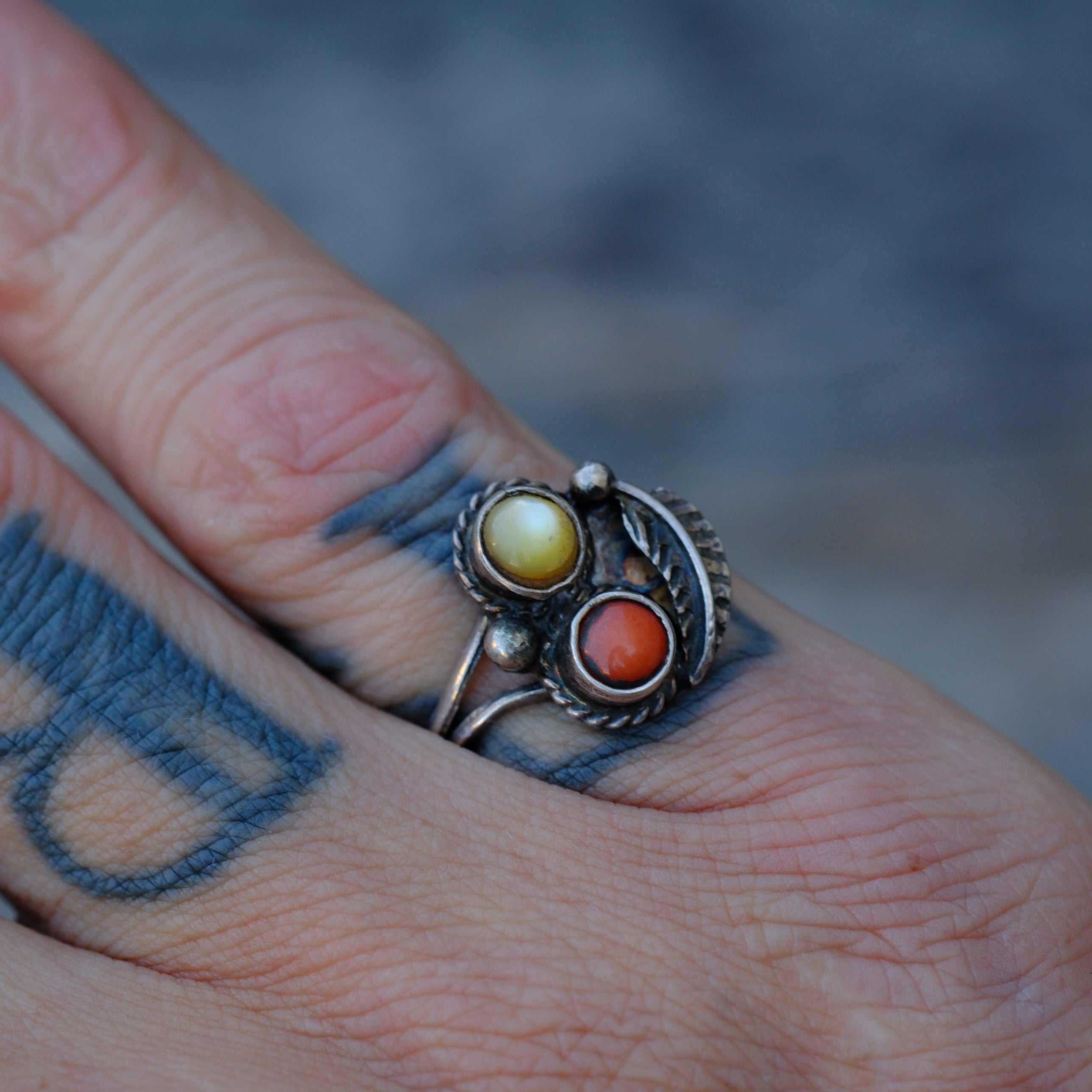Vintage Sterling Mother Of Pearl and Coral Ring 4.5