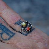Vintage Sterling Mother Of Pearl and Coral Ring 4.5