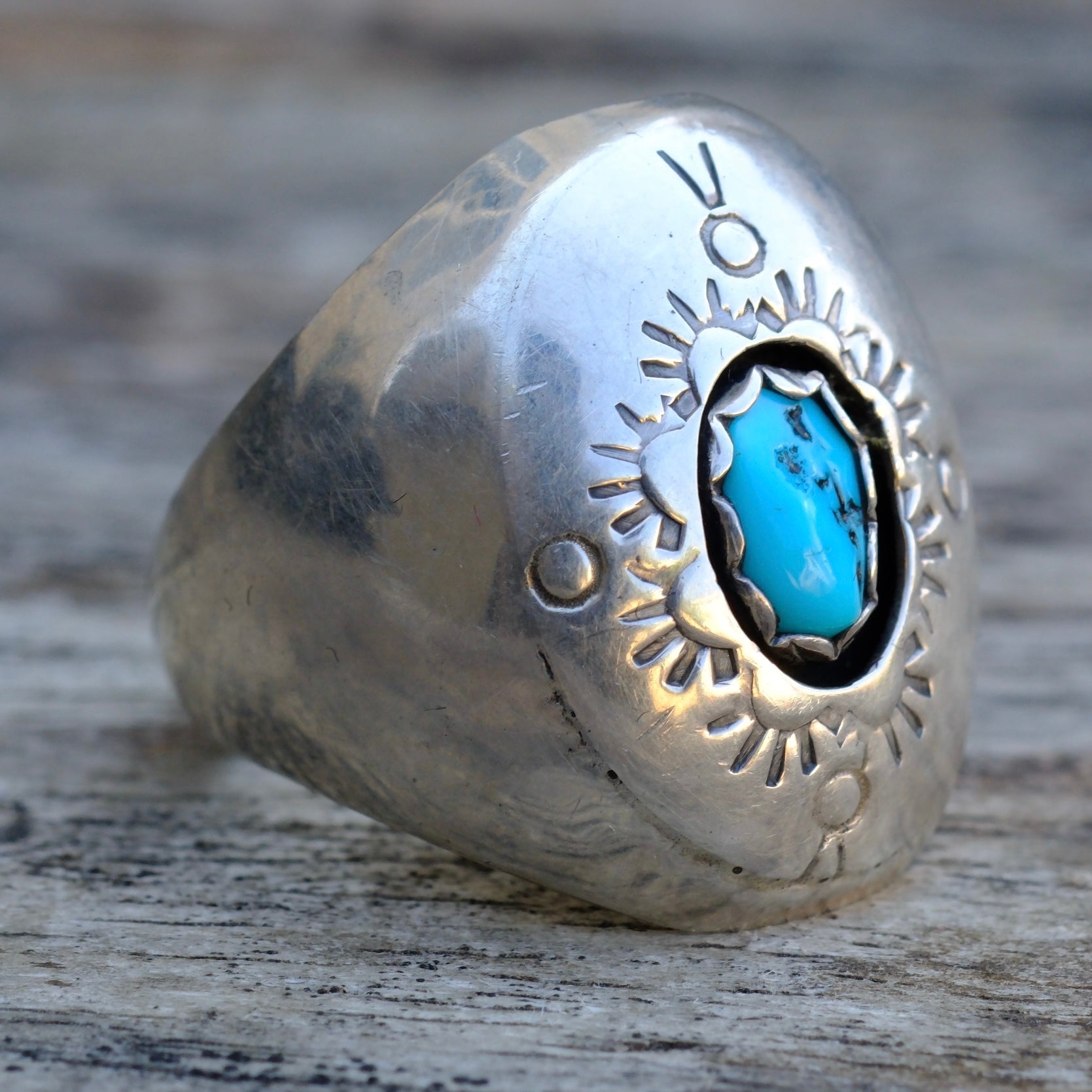 Vintage Sterling Turquoise Stamped Shadowbox Ring 9