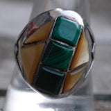 Vintage Sterling Malachite and Mother Of Pearl Inlay Ring 10.25