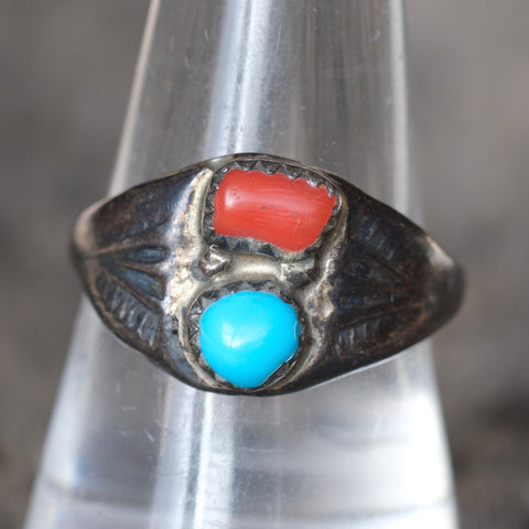 Vintage Sterling Turquoise and Coral Ring 9.25