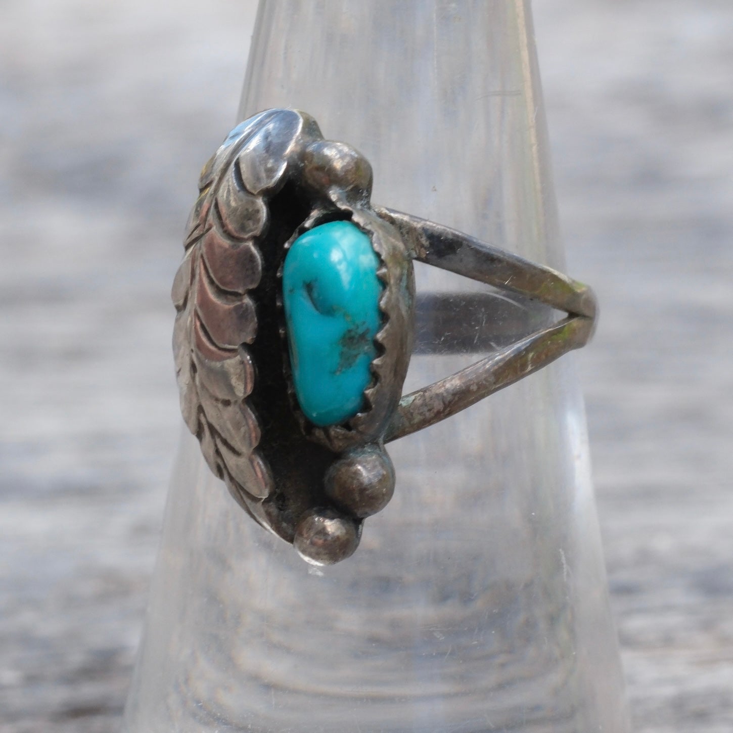 Vintage Sterling Turquoise Feather Ring 6.75
