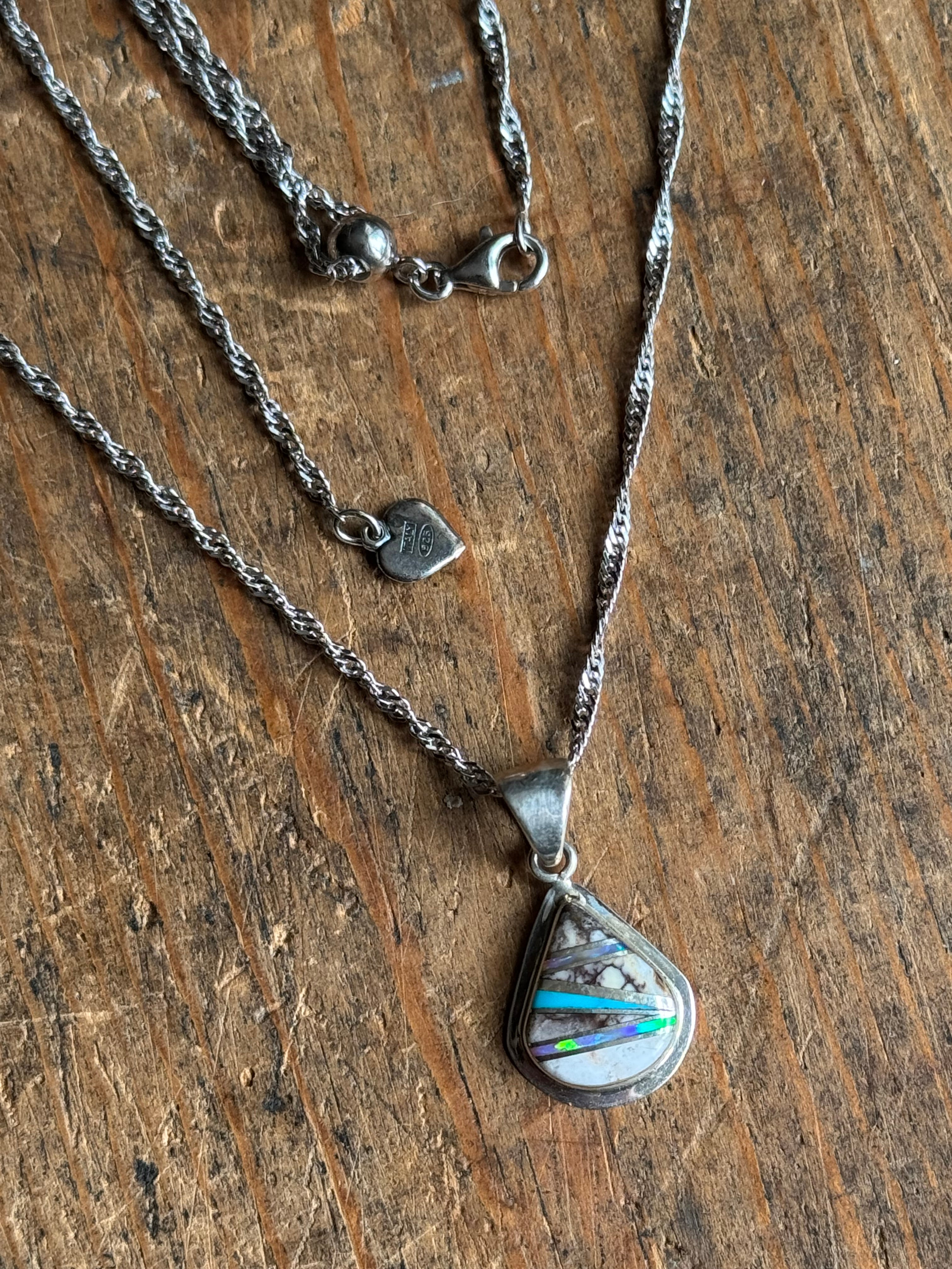 Vintage Sterling Silver Multistone Inlay Teardrop Adjustable Necklace