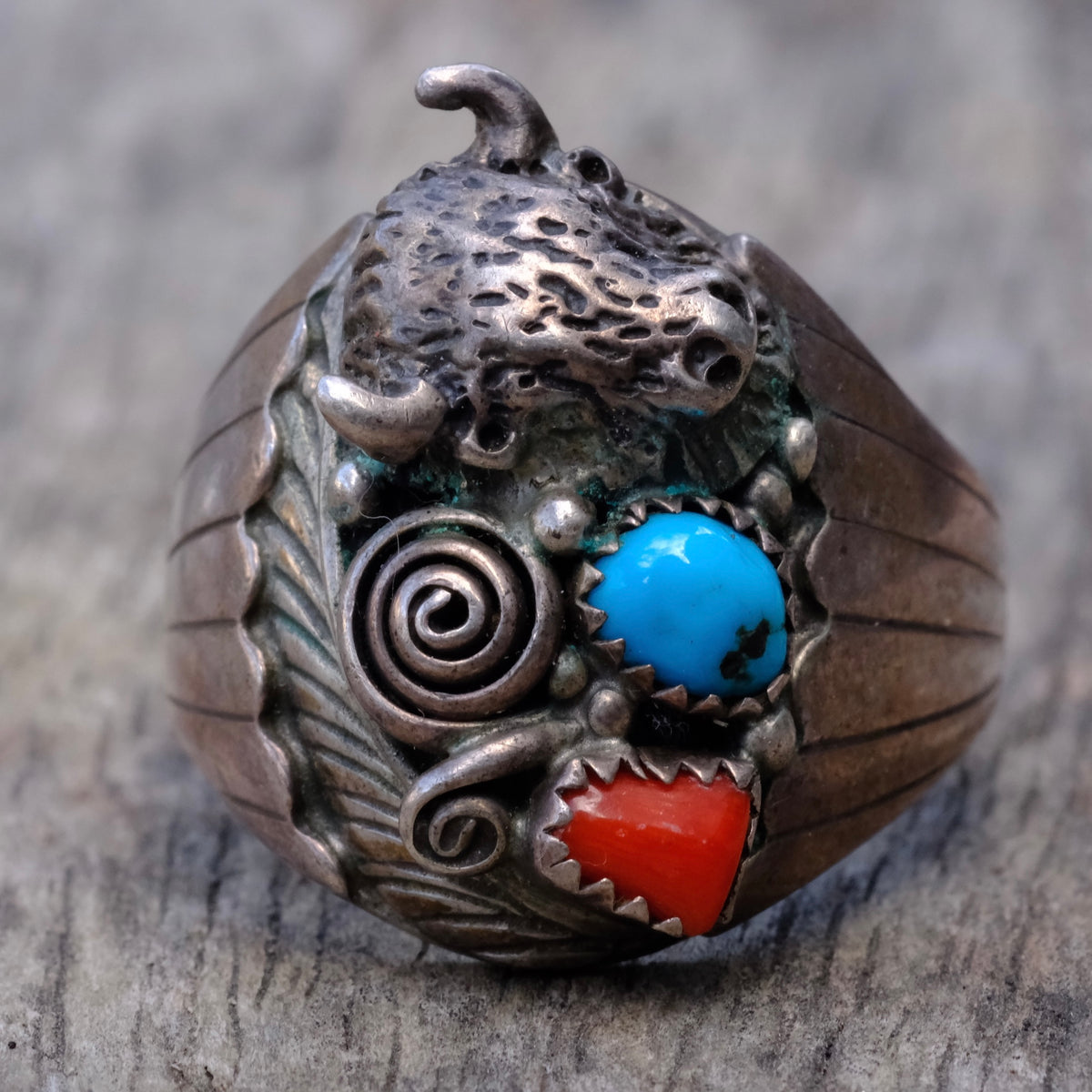 Vintage Sterling Turquoise and Coral Buffalo Ring 13.25