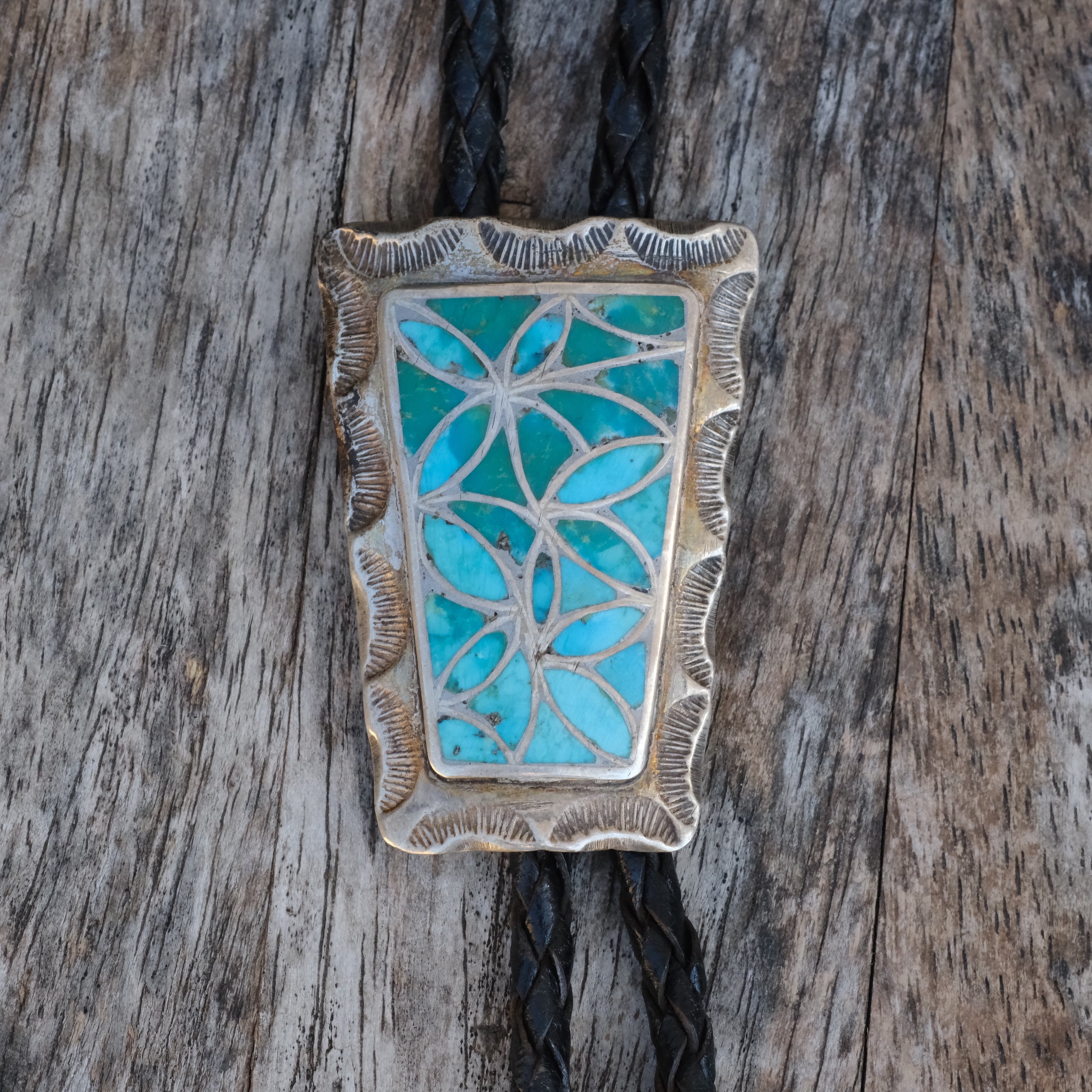 Vintage Sterling Turquoise Inlay Stamped Bolo Tie