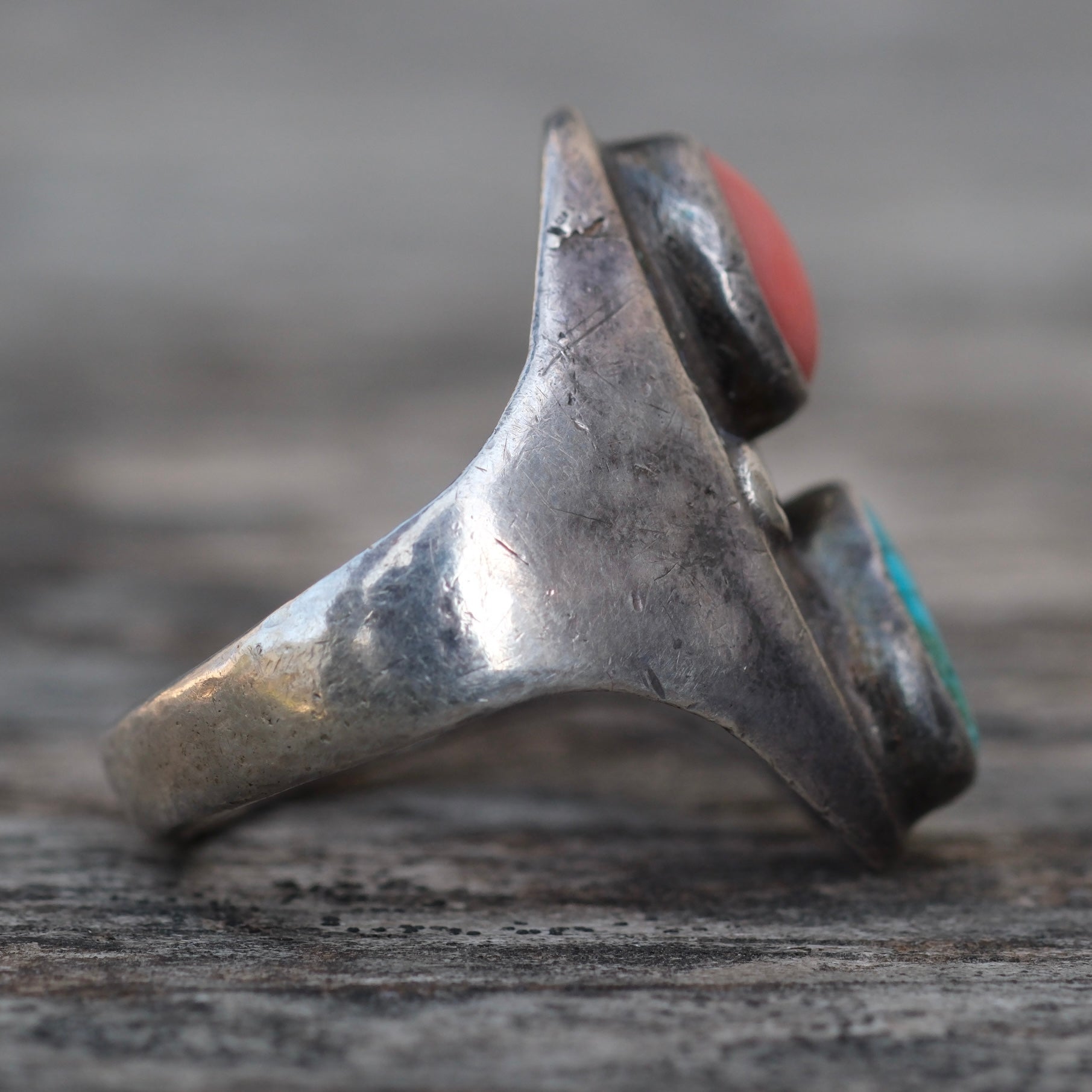 Vintage Sterling Turquoise and Coral Ring 9.5