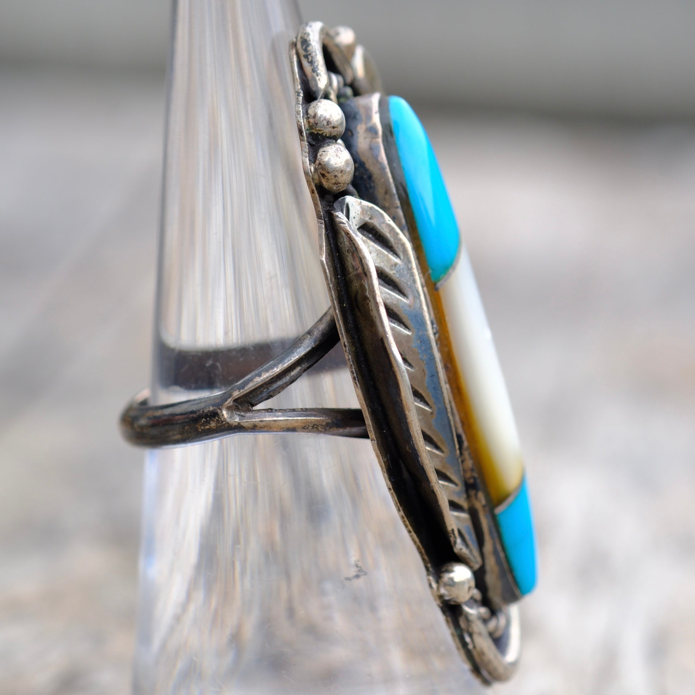Vintage Sterling Turquoise and Mother Of Pearl Feather Ring 6.25