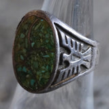 Vintage Sterling Crushed Turquoise Inlay Thunderbird Ring 7.25