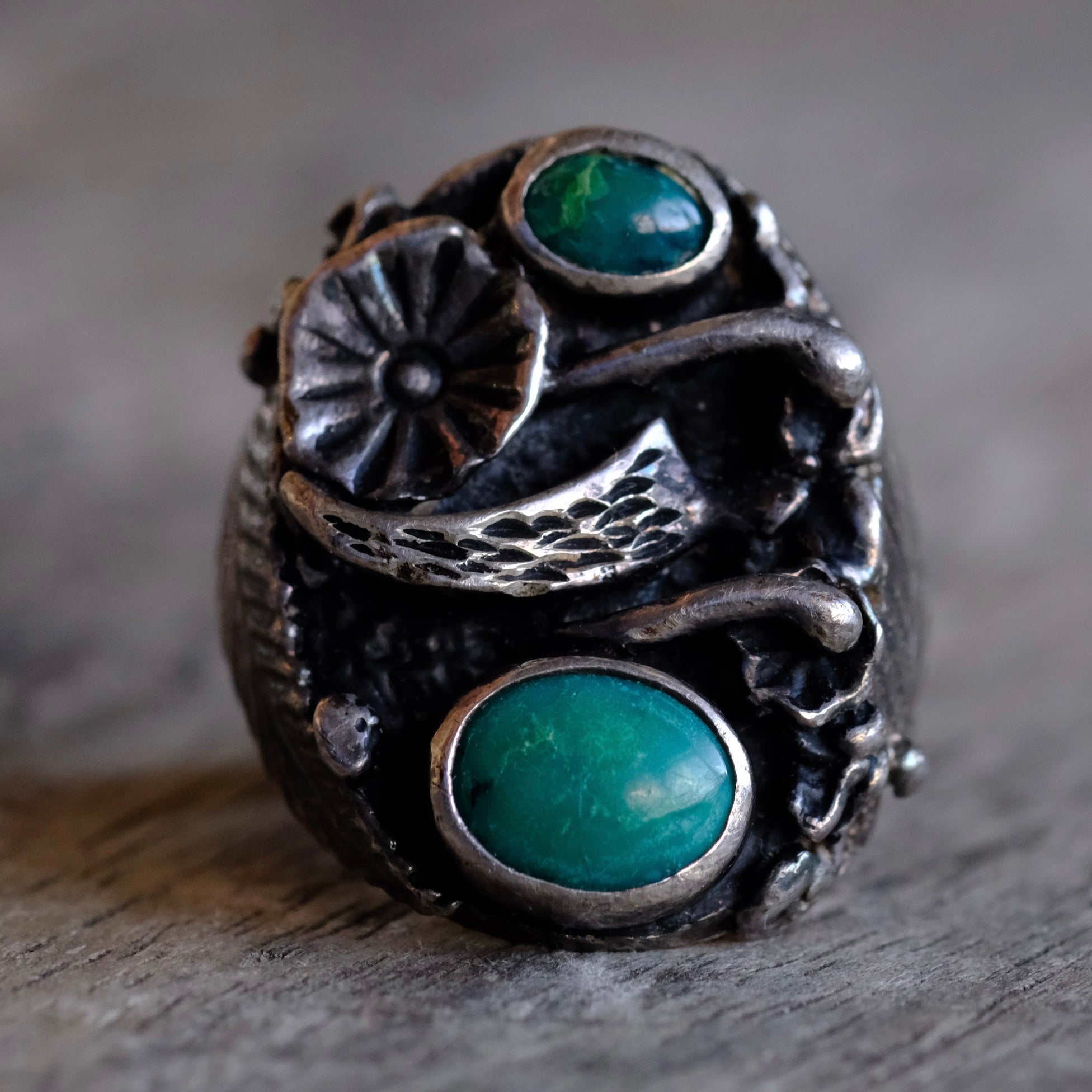 Vintage Sterling 2-Stone Turquoise Feather Blossom Ring 10.75