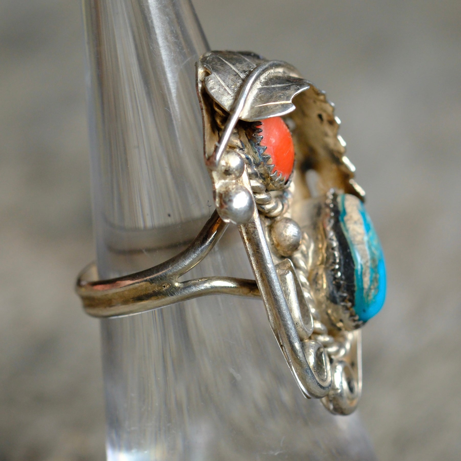 Vintage Sterling Turquoise and Coral Feather Ring 5.5