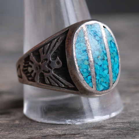 Vintage Sterling Crushed Turquoise Thunderbird Ring 13.5