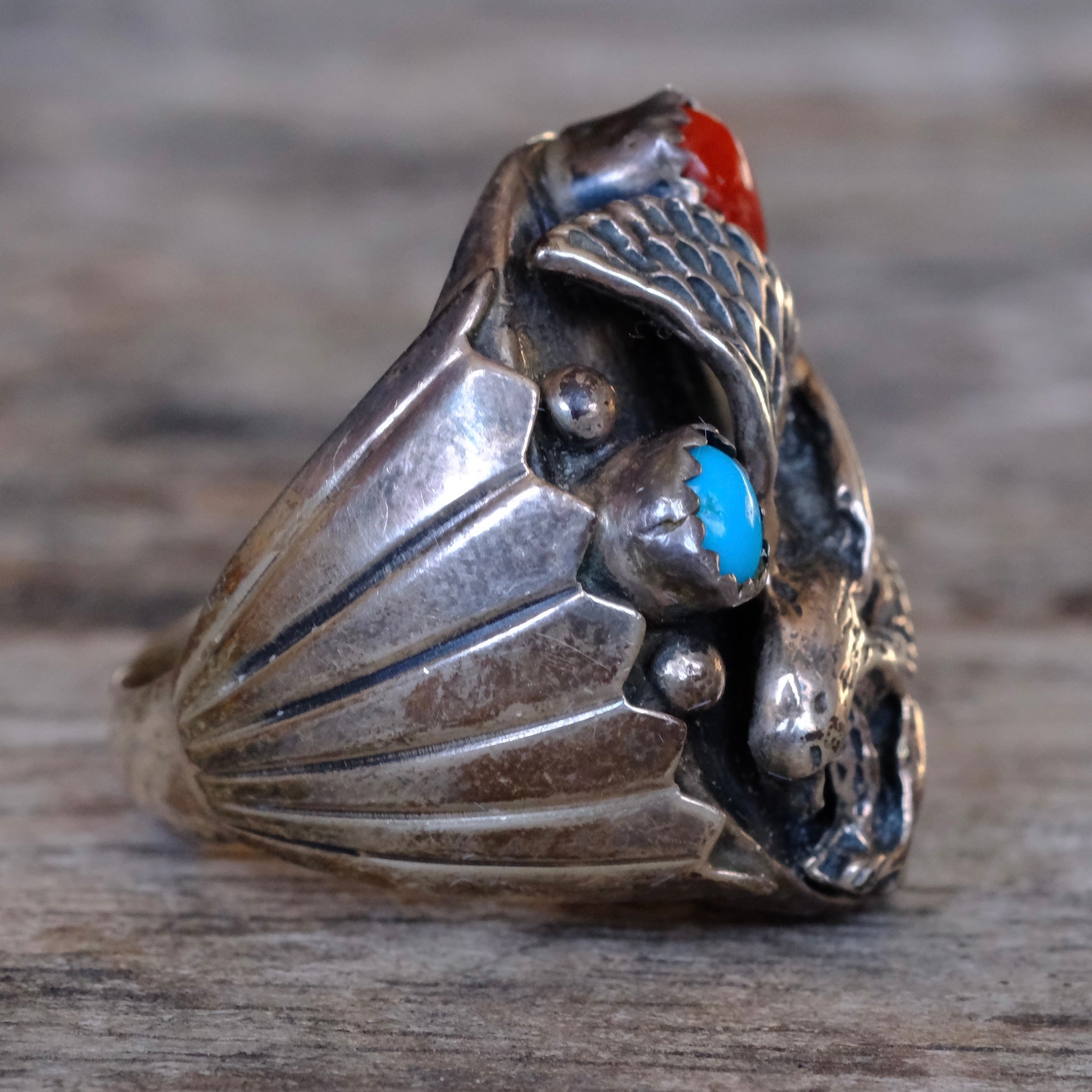 Vintage Sterling Turquoise and Coral Eagle Ring 9