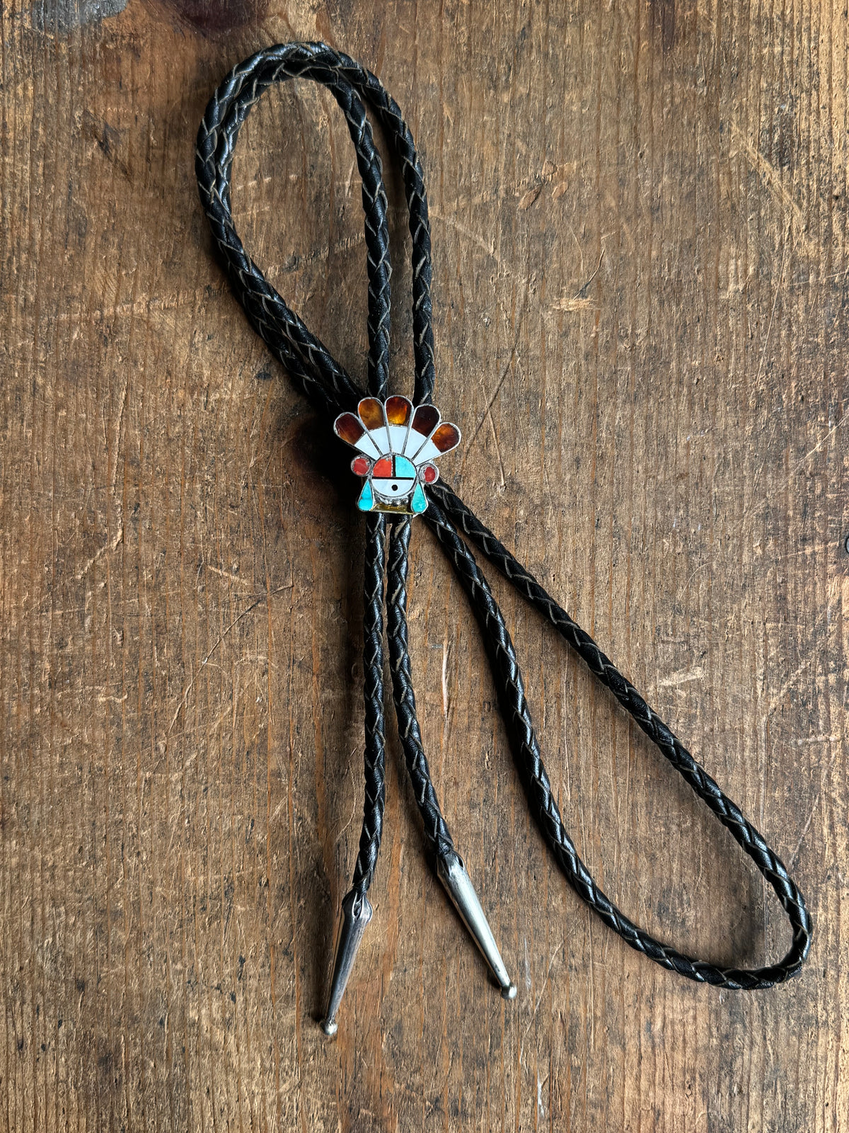 Vintage Sterling Silver Multistone Inly Sunface Warbonnet Bolo