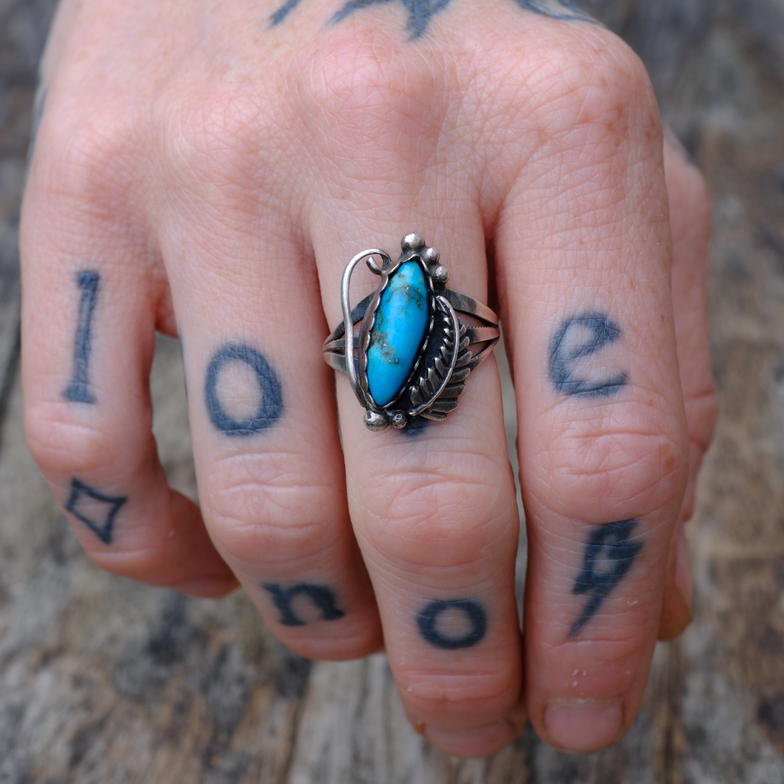 Vintage Sterling Turquoise Feather Ring 6.75