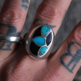 Vintage Sterling Turquoise and Onyx Inlay Ring 13.75