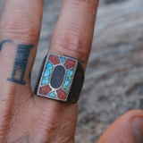 Vintage Sterling Crushed Onyx Turquoise and Coral Inlay Ring 11