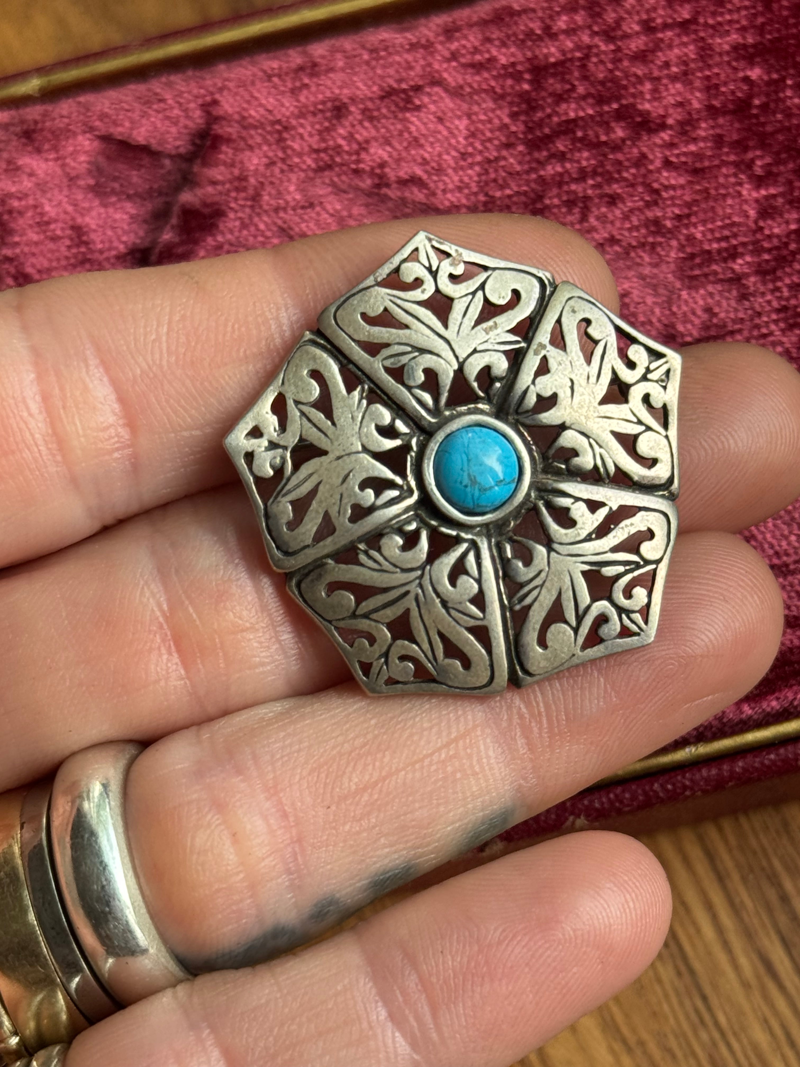 Vintage Sterling Silver Block Turquoise Filigree Flower Pin