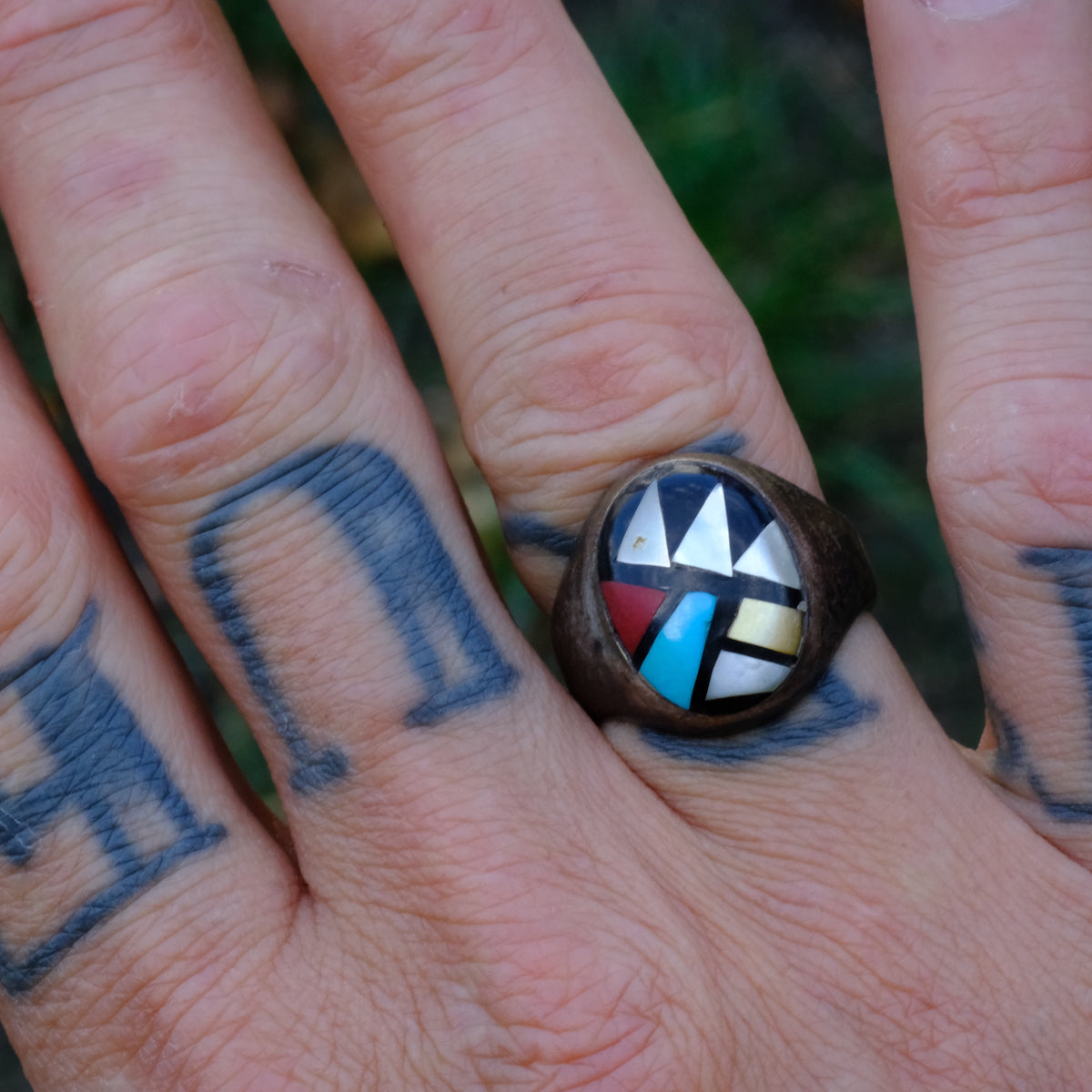Vintage Sterling Zuni Inlay Ring 8.75