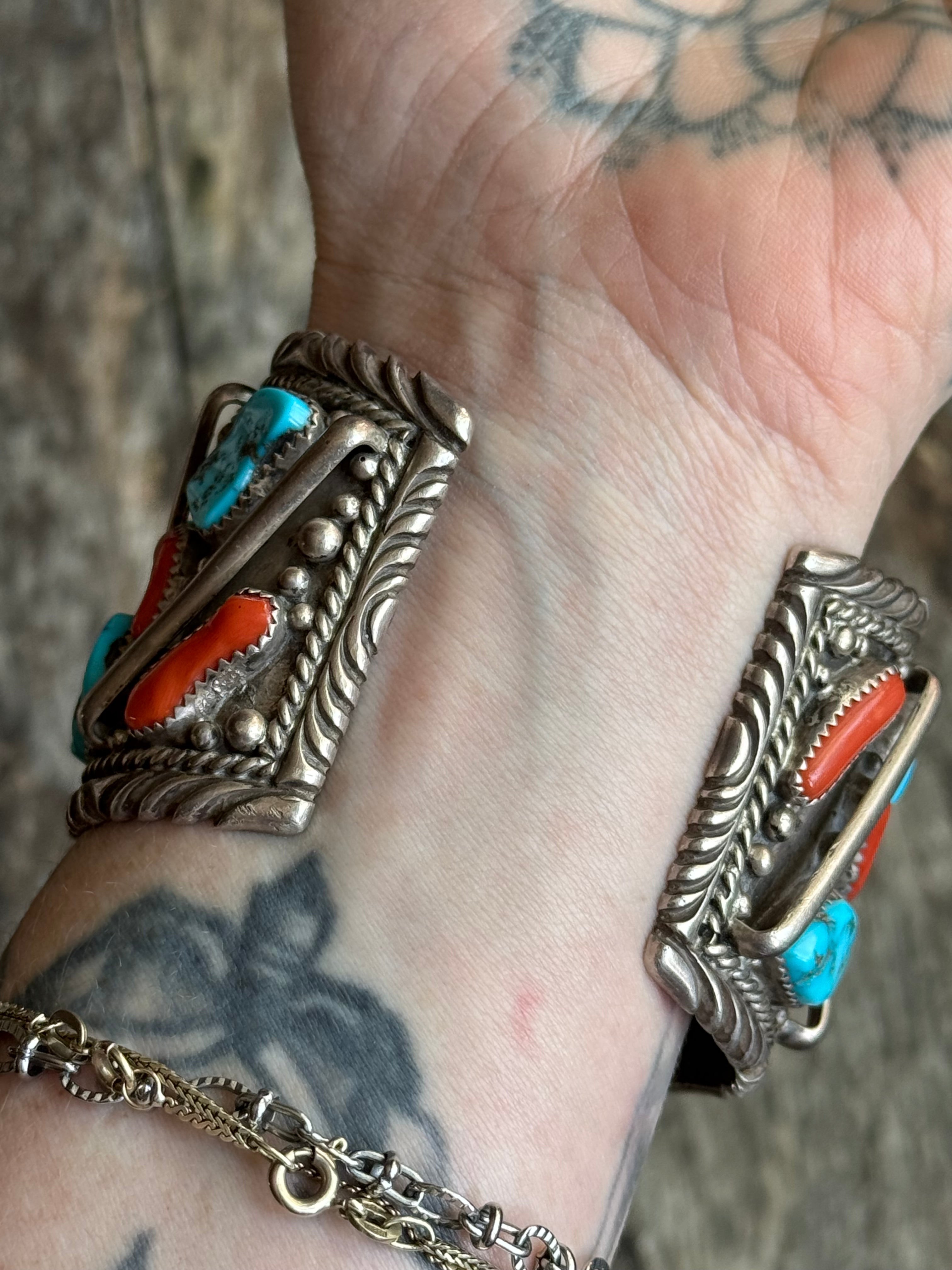 Vintage Sterling Silver Heavy Turquoise & Coral Roped Bar Cuff