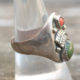 Vintage Sterling Turquoise and Coral Feather Ring 9.5