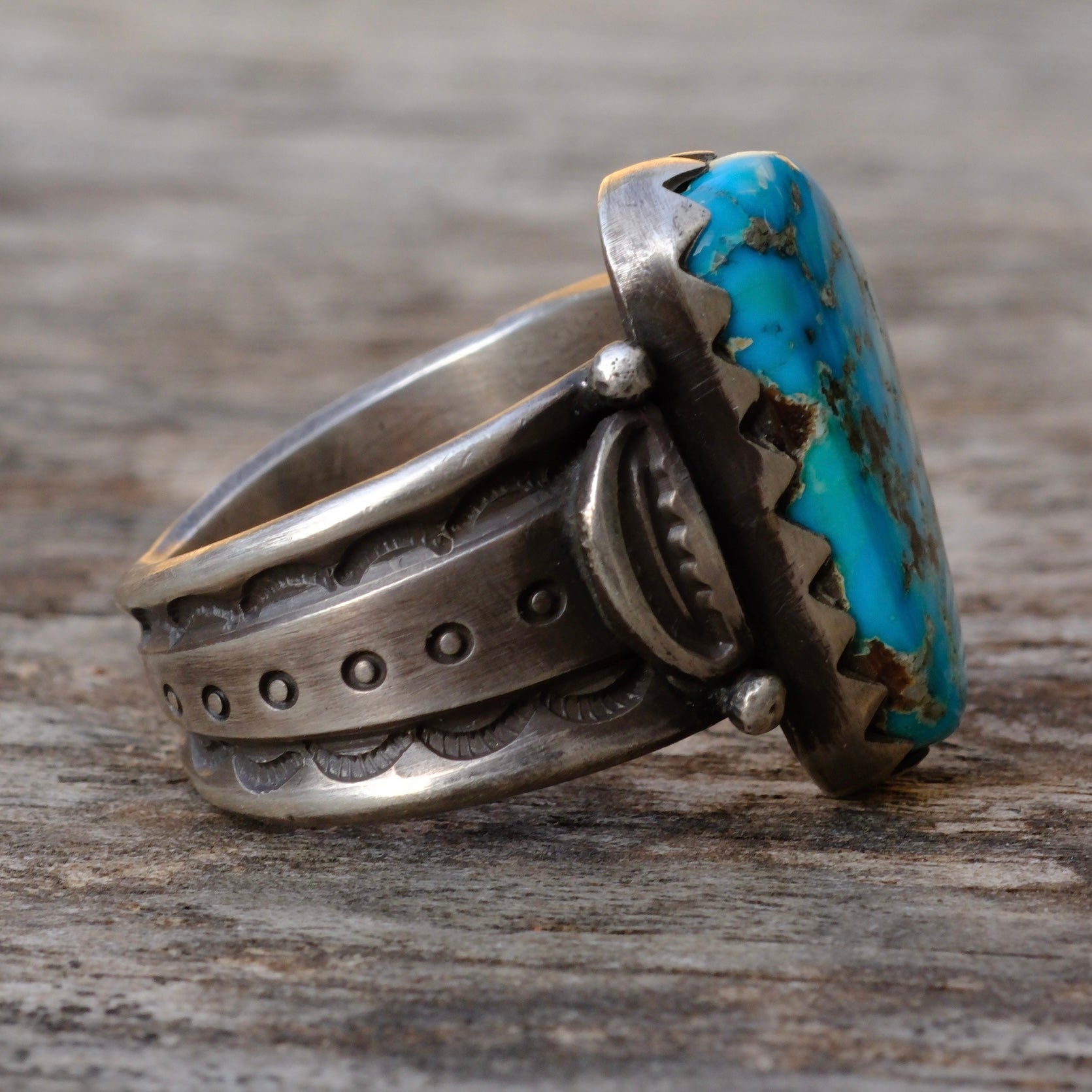 Heavy Ingot Sterling Silver Stamped Band Turquoise Ring 7.75