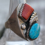 Vintage Sterling Turquoise and Coral Feather Ring 11.25