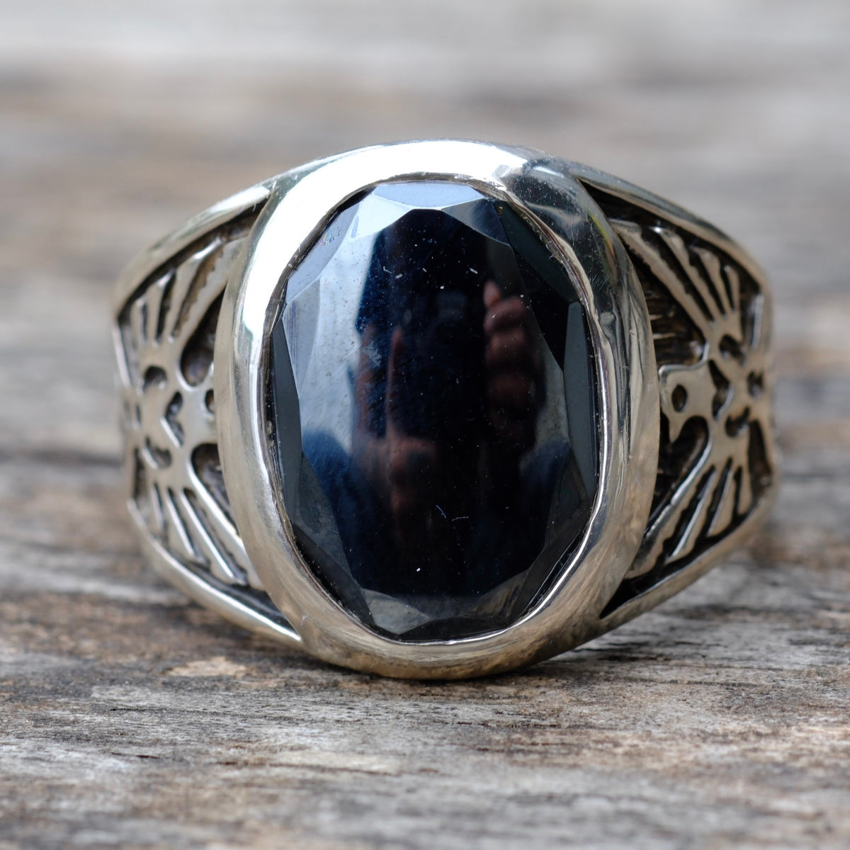 Vintage Sterling Hematite Thunderbird Ring 13