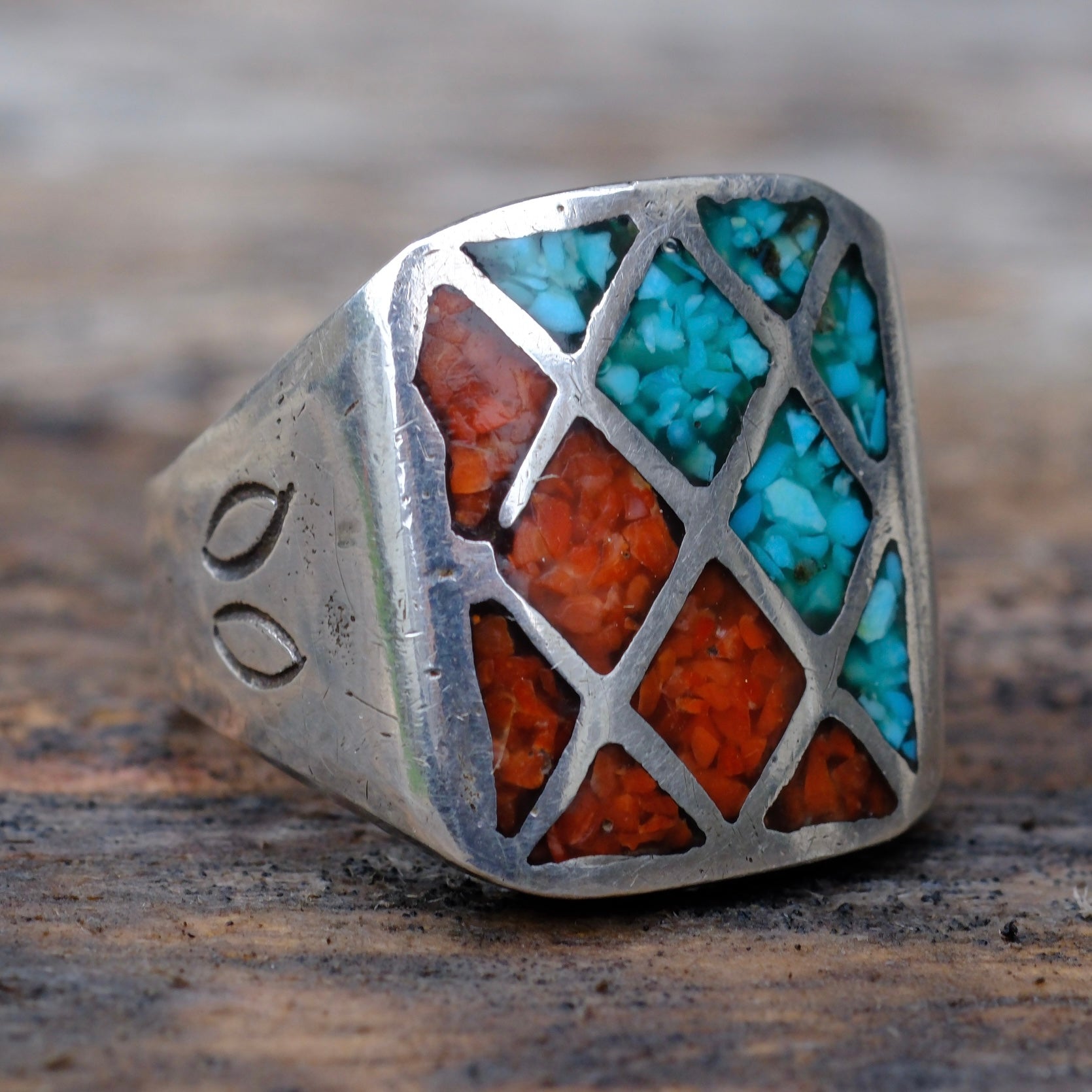 Vintage Sterling Turquoise and Coral Inlay Ring 9