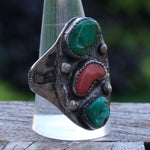 Vintage Sterling Old Pawn Turquoise and Coral Ring 11