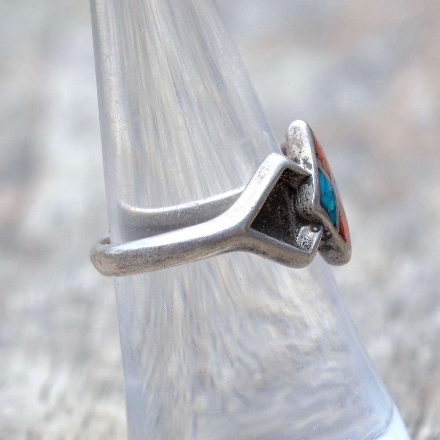 Vintage Sterling Silver Crushed Turquoise & Coral Inlay Diamond Ring 7