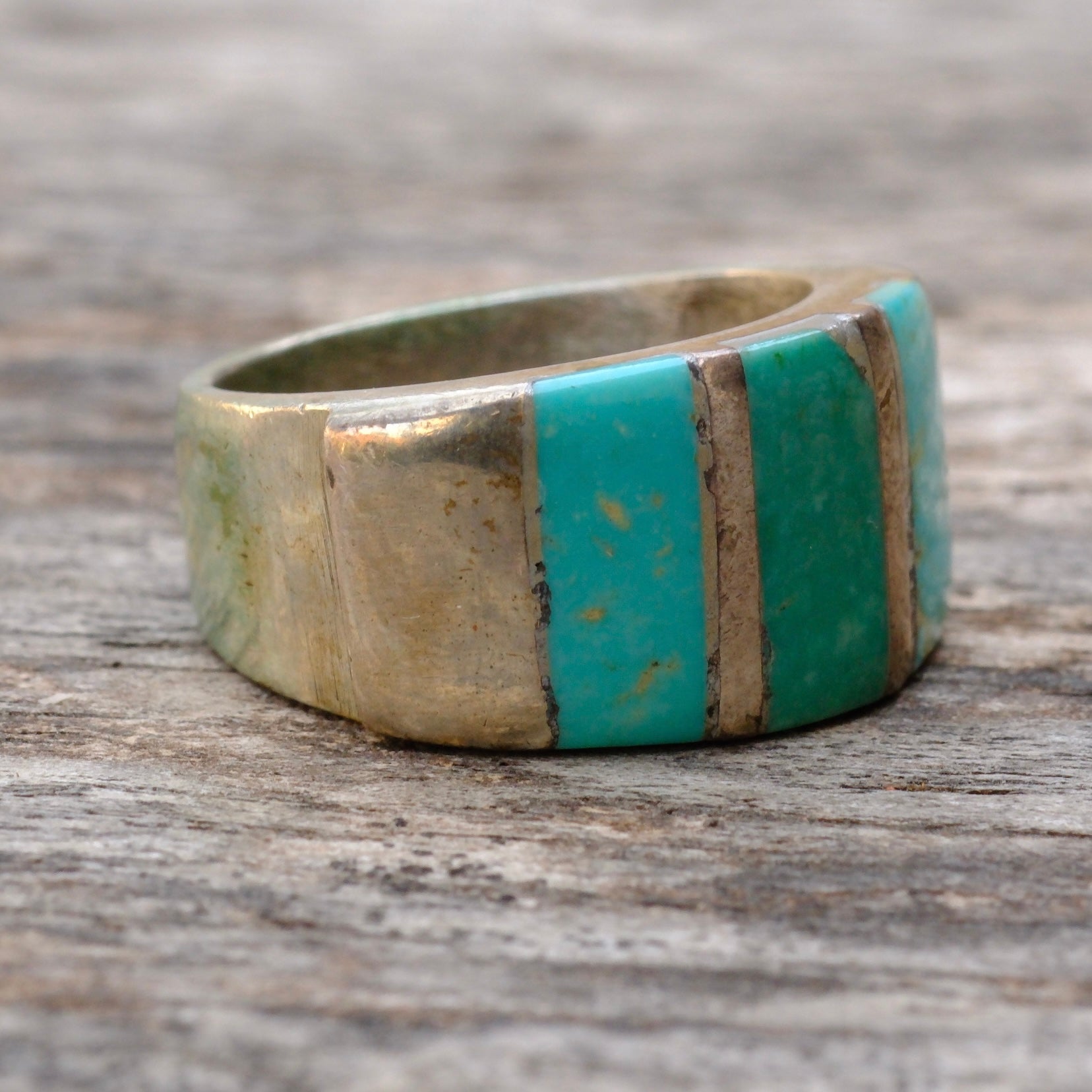 Vintage Sterling Thick Turquoise Inlay Band Ring 8