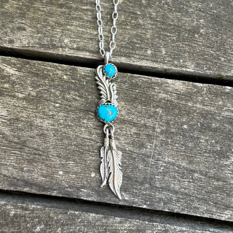 Vintage Sterling 2-Stone Turquoise Feather Necklace